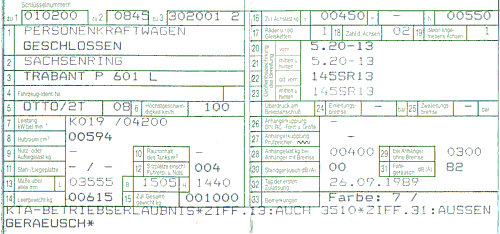 Trabant: Zulassung - Fahrzeugschein / Kraftfahrzeugschein / Kfz-Schein